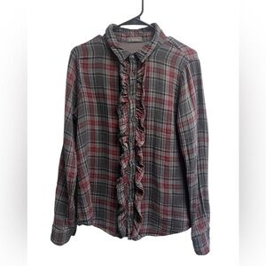 CP SHADES Women’s Grey Red Plaid Ruffle Button down - Size Medium